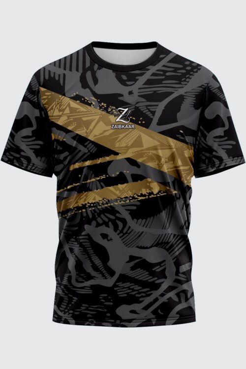 Zaibkaar “Golden Strike” Urban Tech T-Shirt – Black & Gold Abstract