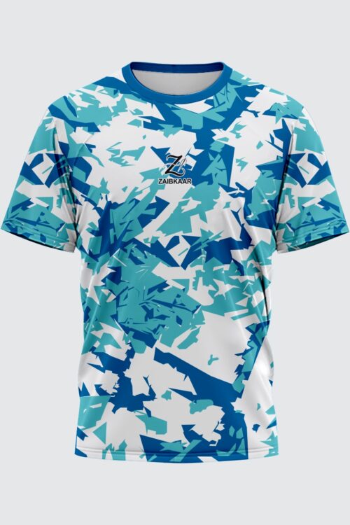 Zaibkaar “Arctic Shatter” Performance T-Shirt – Blue & Teal Geometric Camo