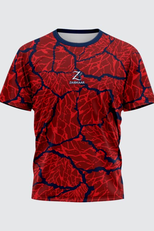 Zaibkaar “Neural Pulse” Performance T-Shirt – Crimson & Navy Abstract