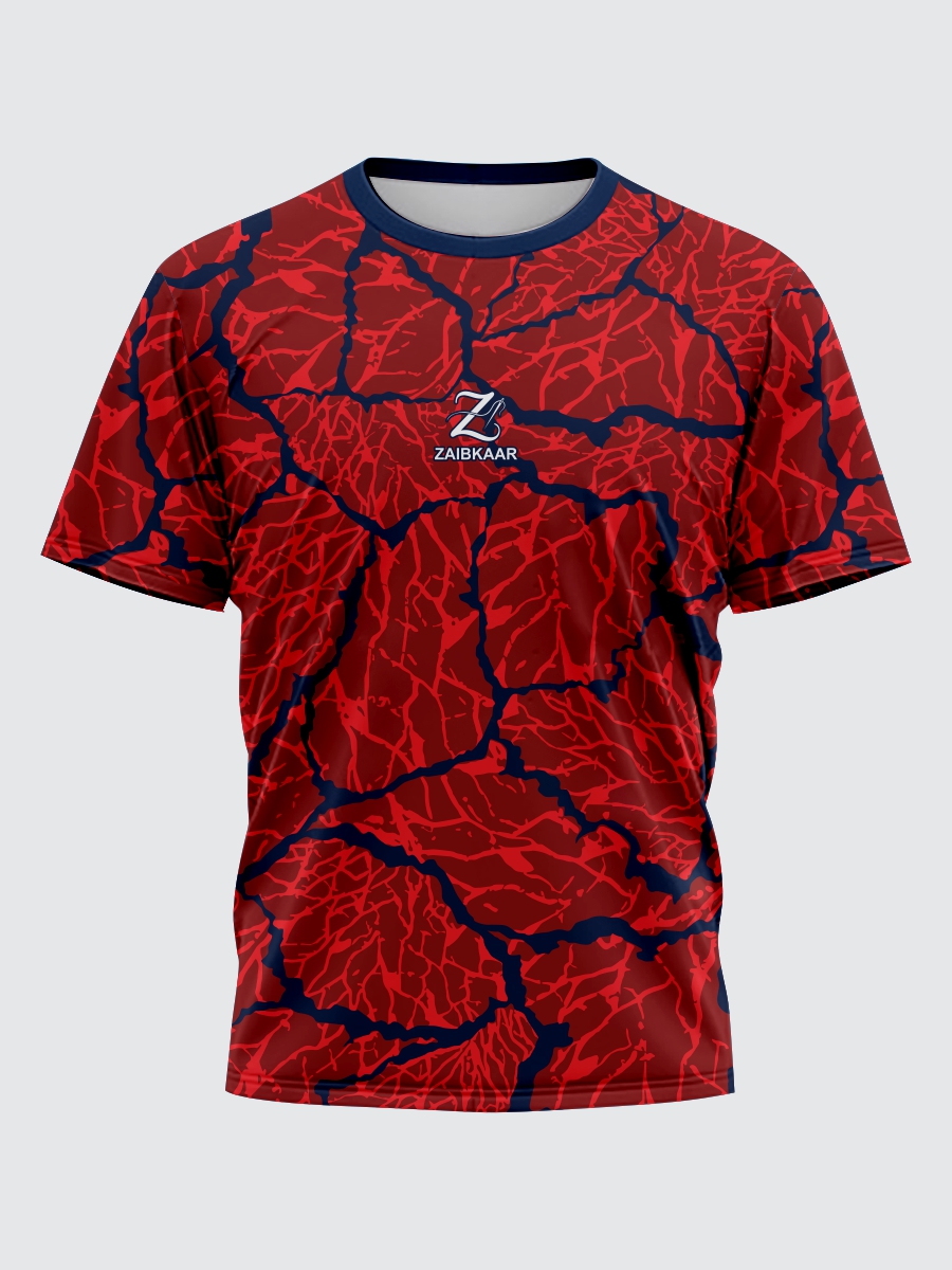 Zaibkaar “Neural Pulse” Performance T-Shirt – Crimson & Navy Abstract